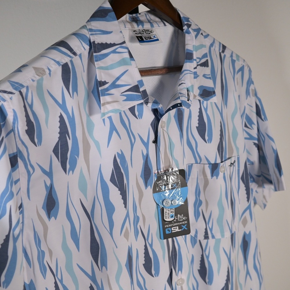 Salt Life SLX Performance Shirt Mens Large Blue White Fish Print SLM30289‎ NWT